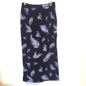 Vintage 90s Suzy side slit long black blue floral paisley maxi skirt
